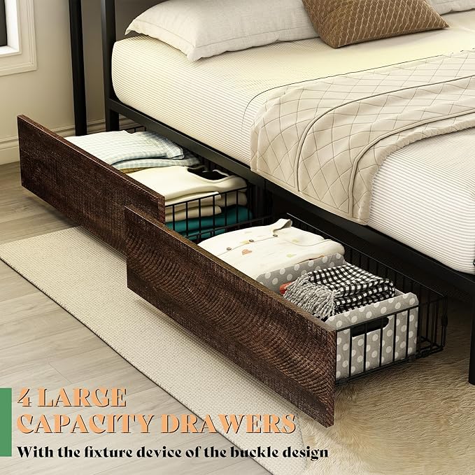 AMERLIFE Full Size Bed Frame with Bookcase Headboard, 4 Storage Drawers, Wooden Platform Bed with Charging Station & LED Light, No Box Spring Needed, Noise-Free, Rustic Brown