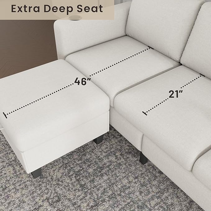 Sectional Sofa Couches for Living Room - 78'' Beige 3 Seat L-Shaped Couch with USB+Type C Port and 2 Cup Holder, Modern Linen Convertible Sectionals Sofas with Storage Ottoman for Apartment