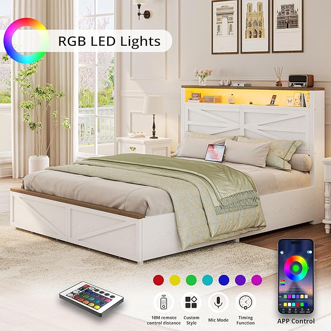 IRONCK Farmhouse Full Size Bed Frame with LED Light and Charging Station, Wood Bed Frame with Storage Headboard and 2 Drawers， Barn Door Design, Sturdy and Noiseless, White