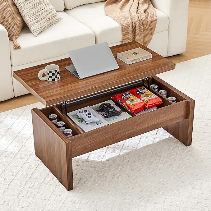 Small Lift Top Coffee Table, Wood Rectangle Coffee Table with Lifting Top and Hidden Storage Compartment, Mid Century Modern Center Tables for Small Space, Living Room, Office (Walnut)