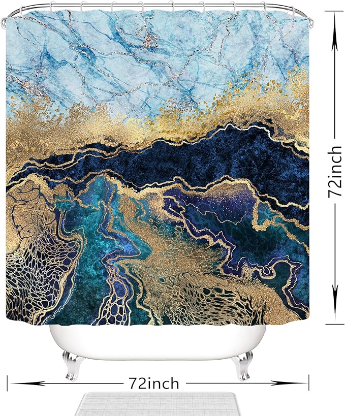 Marble Shower Curtain, Blue Marble Shower Curtain Set, Abstract Navy Blue Gold Glitter Veins Texture Marble Shower Curtains for Bathroom, Waterproof Fabric with 12 Hooks, 72 x 72 inches