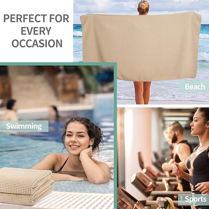 Microfiber Waffle Bath Towels, 4 Pieces, Soft, Absorbent, Fast Drying, Lint Free (Beige+Gray+Blue+White)