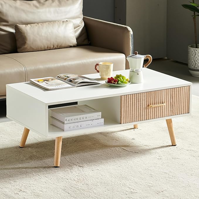 Mid Century Wooden Coffee Table with Stripe Drawer，Modern 41" Large Center Table with Storage，Rectangular White Coffee Tables for Living Room, 2-Tier Cocktail Table, Solid Wood Legs