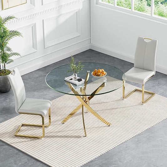 Goujxcy 3 Pieces Round Dining Table Set for 2, Modern Gold Glass Kitchen Table and Chairs for 2 with Upholstered Chairs, Circle Coffee Dining Table Set for Small Space,Apartment,Office