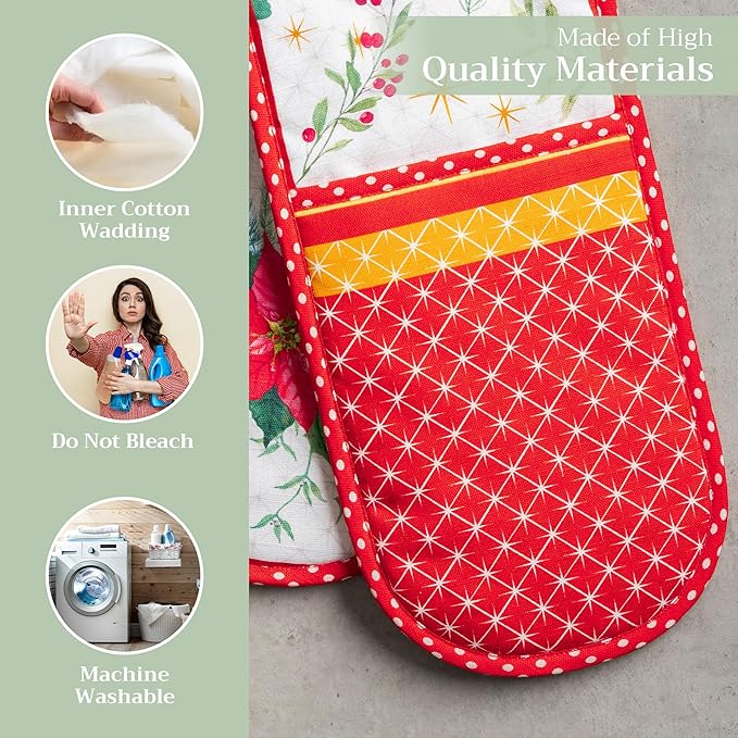 Maison d' Hermine Double Oven Mitt (7" x 35") 100% Cotton Heat Resistant BBQ Cooking Gloves with Loop for Thanksgiving Christmas Decorations Baking Cooking Handling Hot Pan (Poinsettia Christmas)