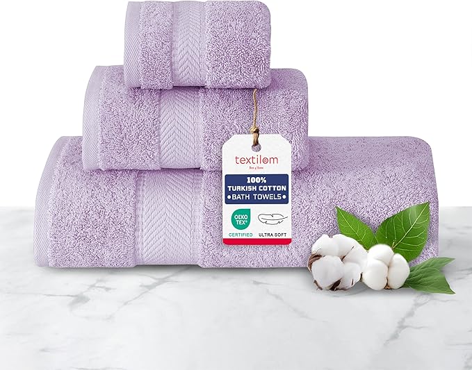 TEXTILOM 100% Turkish Cotton 3 Pcs Bath Towel Set, Luxury Bath Towels for Bathroom, Soft & Absorbent Bathroom Towels Set (1 Bathtowel, 1 Hand Towel, 1 Washcloth)- Lilac