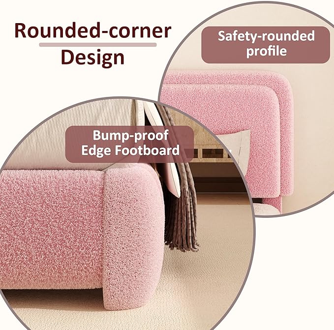 Queen Boucle Platform Bed Frame with Height Adjustable Headboard, Modern Upholstered Cloud Bed, Sleek Curved Design, No Box Spring Needed, Easy Assembly, Noise Free, Pink