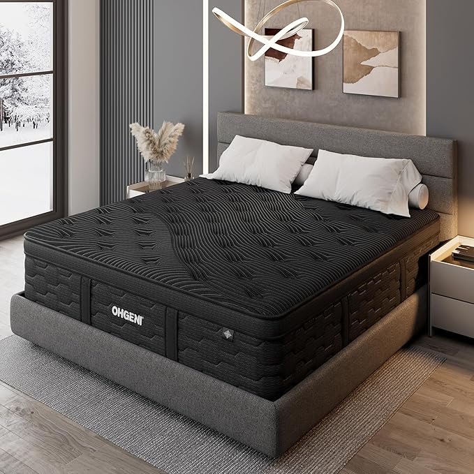 OhGeni 14 Inch Cooling Queen Size Mattress, Hybrid Gel-infused Memory Foam Bed Mattresses in a Box, Medium Feel Cool Top Fabric,Individual Pocket Spring, 3-Zone design & Reinforced Edge Support, Black