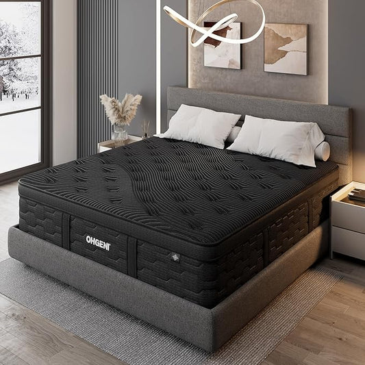 OhGeni 14 Inch Cooling Queen Size Mattress, Hybrid Gel-infused Memory Foam Bed Mattresses in a Box, Medium Feel Cool Top Fabric,Individual Pocket Spring, 3-Zone design & Reinforced Edge Support, Black