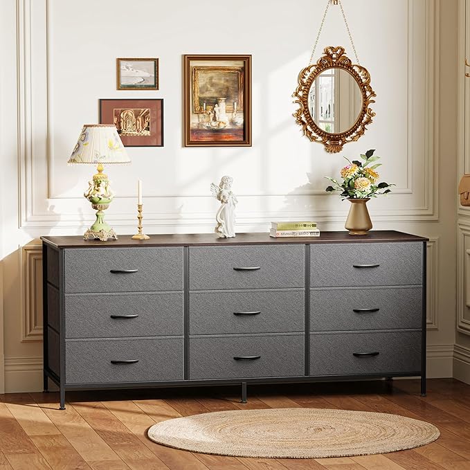 Huuger Long Dresser for Bedroom, 55 Inch TV Stand for 55, 60 Inch TV, Entertainment Center with Drawers, Large Storage 9 Fabric Drawers Dresser, Closet, Dark Grey