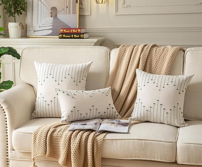 Caflife Boho Throw Pillow Covers 22x22 Set of 2 Decorative Pillows for Bed, Neutral Pillow Covers Beige with Green Line Throw Pillows for Modern Farmhouse Couch Sofa Living Room Outdoor