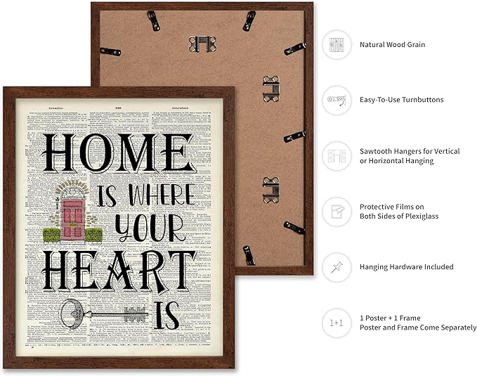 Poster Master Dictionary Art Poster - Home Is Where Your Heart Is Print - Motivational Art - Gift for Men & Women - Inspiring Wall Decor for Dorm, Bedroom or Living Room, 11x14 Brown Framed