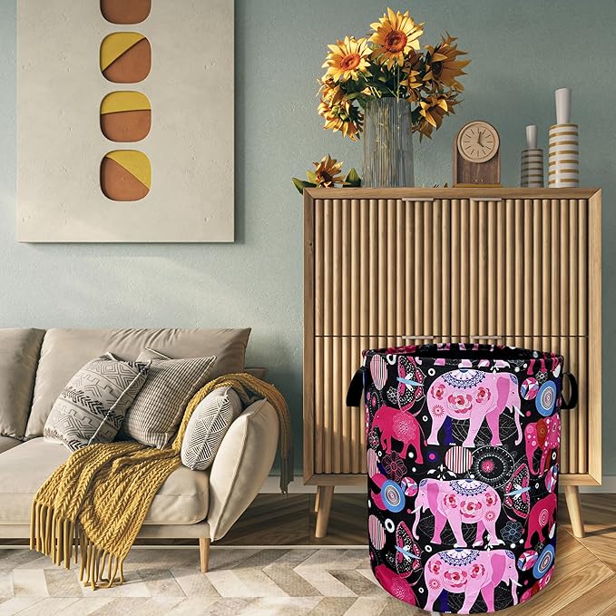 Pink Mandala Elephants Laundry Basket Foldable With Handles Boho Tote Bag Waterproof Oxford Cloth Colorful Laundry Hamper 18.9"x1 6.5 "Clothe Storage Bucket Toy Organizer For Bathroom/Laundry/Bedroom