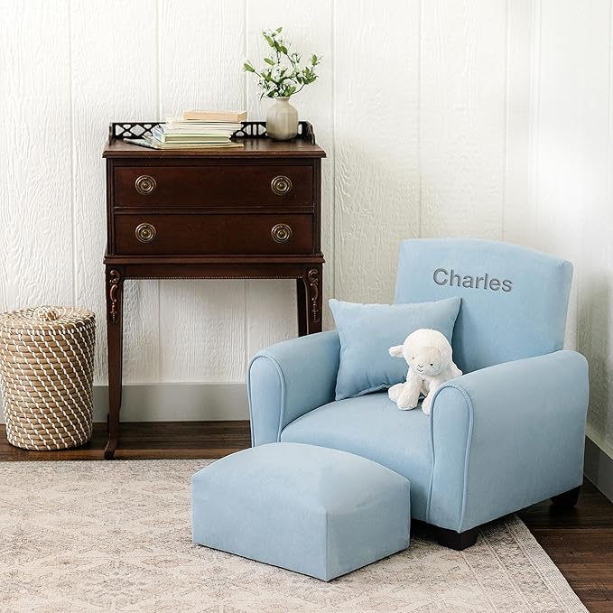 Toddler Personalized Chair, Kids Upholstered Rocking Chair with Personalization, Toddler Armchair with Personalized Name, Comfy Child Armchair, (Light Blue Suede, Legs)