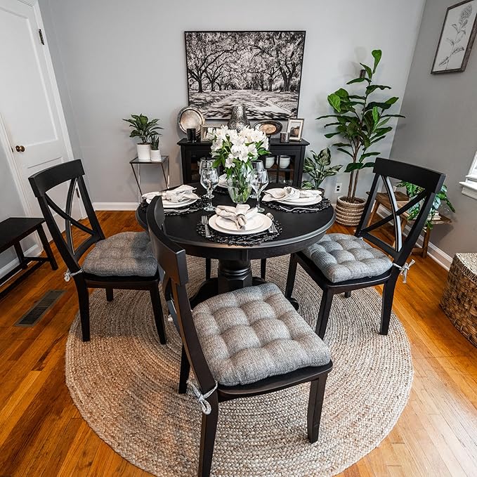 Barnett Home Decor Brisbane Silver Grey Dining Chair Cushions with Ties - 16.5 x 18 Size Medium Chair Pad - Latex Foam Fill, Reversible - Made in USA (Gray)