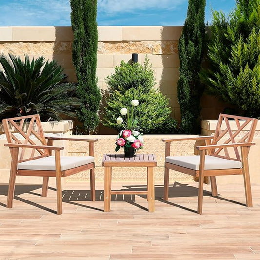 3 Piece Outdoor Patio Furniture Set, Wooden Conversation Patio Set with Padded Cushion Chairs and Coffee Table, Acacia Wood Lounge Conversation Set for Porch Balcony Deck Backyard