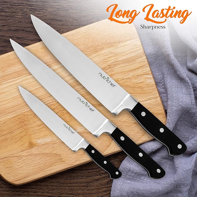 NutriChef 13-Piece Kitchen Knife Set with Wooden Block - Precision Crafted Stainless Steel Knives with Scissors & Built-In Sharpener - Lightweight, Durable, & Razor Sharp - Dishwasher Safe (NCKNS13)