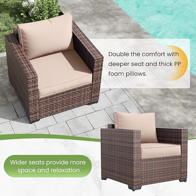 Amopatio Wicker Outdoor Sofa & Patio Couch Set - High Back Waterproof Patio Furniture Single Armrest Chair with Non-Slip Cushions, Outdoor Furniture Cover, Khaki