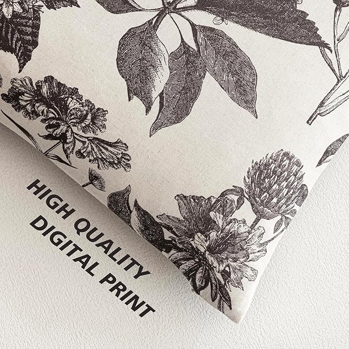 Foindtower Set of 2 Linen Floral Vintage Throw Pillow Covers Neutral Accent Print Decorative Cushion Covers Farmhouse Boho Home Decor for Sofa Chair Couch Bedroom Living Room Outdoor,18×18 Inch,Black