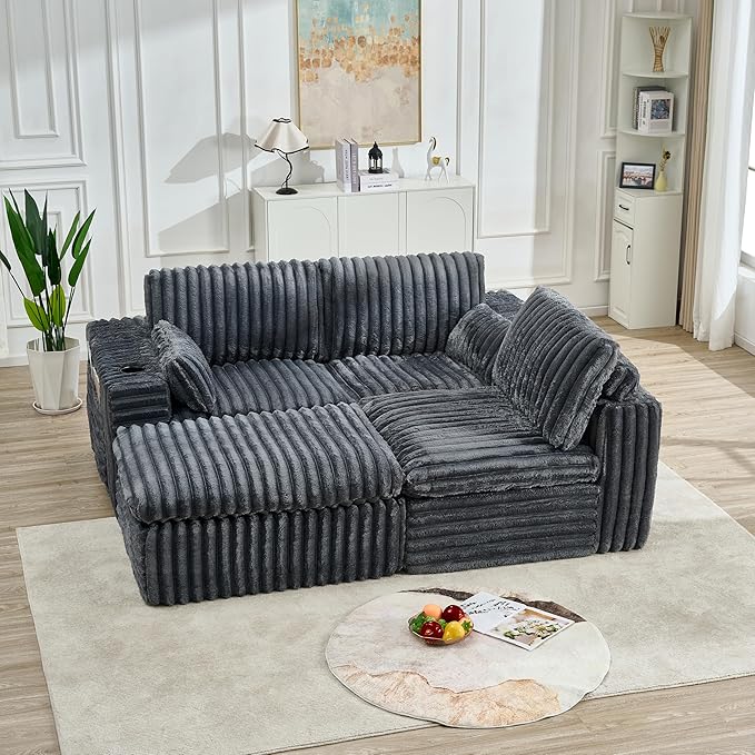 KEIKI 113'' Space-Saving Modular Sectional Sofa with Ottoman, Cloud-Like Ribbed Chenille Couch with Cup Holder & Storage Bag, Indoor Chaise Lounge Sofa Bed Alternative for Apartments & Modern Spaces