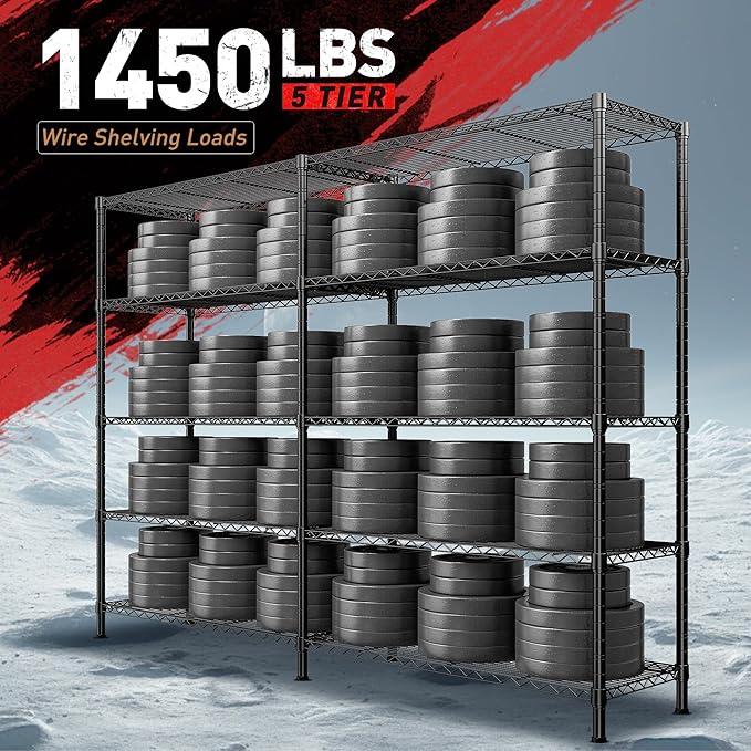 REIBII1450LBS Metal Shelving Unit Storage Shelves 5 Tier Wire Shelving 58.1''W Pantry Shelves Wire Shelf Adjustable Garage Shelving Heavy Duty Storage Rack for Pantry Kitchen Garage, Black，2 Pack