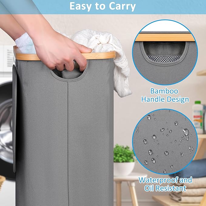 efluky Slim Laundry Basket with Wheels, Narrow Rolling Laundry Hamper with Lid and Removable Bag, Tall Aesthetic Dirty Clothes Hamper on Wheels for Laundry Room, Bedroom, Dorm and Bathroom, 75L Grey