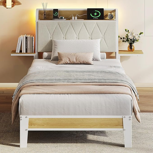 WLIVE Twin Size Upholstered Bed Frame with 2 Side Shelves, Linen Tufted Storage Headboard with Charging Ports and LED Light, Metal Solid and Stable, No Box Spring Needed, Easy Assembly, Beige