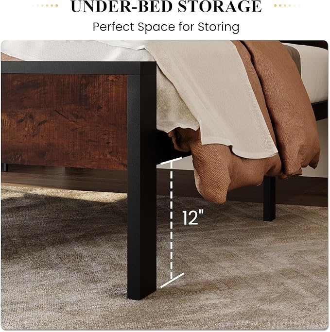 SHA CERLIN 14 Inch Twin Size Metal Platform Bed Frame with Wooden Headboard and Footboard, Mattress Foundation, No Box Spring Needed, Large Under Bed Storage, Heavy Duty Slats Support, Mahogany