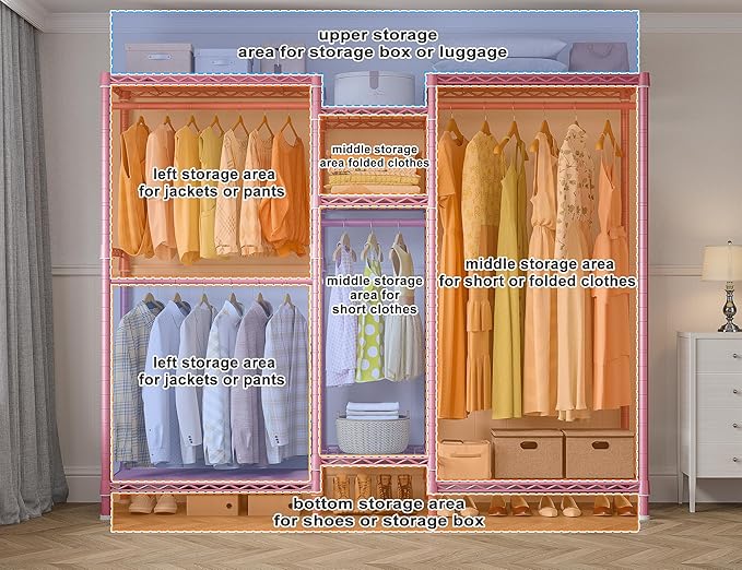 Raybee Clothes Rack Heavy Duty Clothing Racks for Hanging Clothes Adjustable Wardrobe Closet Hanging Clothes Rack Garment Rack, Pink, 13.9" D x 70.6" W x 77" H