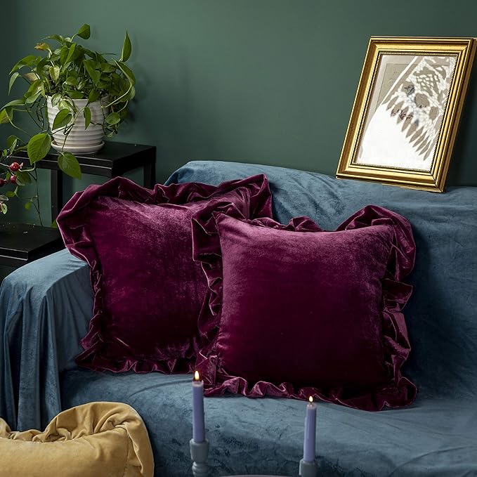 Velvet Throw Pillow Cover Soft Decorative Luxurious Solid Square Cushion Case for Sofa Couch Bedroom Farmhouse,Pack of 2, 18 x 18 Inches, Amaranth