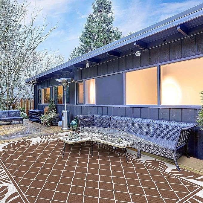 Ileading Outdoor Rug Carpet for Patio 9'x12' Waterproof Reversible Plastic Straw Rug Portable Outside Area Rug Camping Mat for Patio, Clearance, Balcony, Picnic, Pool, Beach, RV, Deck, Brown