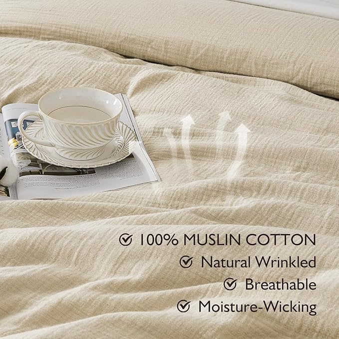 EMME Muslin Cotton Duvet Cover Set Twin Size Light Tan Linen Like Soft Breathable Lightweight Summer Comforter Cover Set with Zipper Closure (Light Tan, Twin, 68"x90")