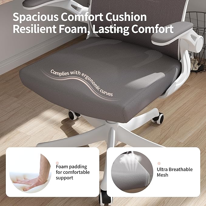 Monhey Office Chair Ergonomic Desk Chair with Lumbar Support&Headrest&Flip-up Arms Height Adjustable Rocking Swivel High Back Computer Chair Warm Taupe Mesh Study Chair (02White+Grey)
