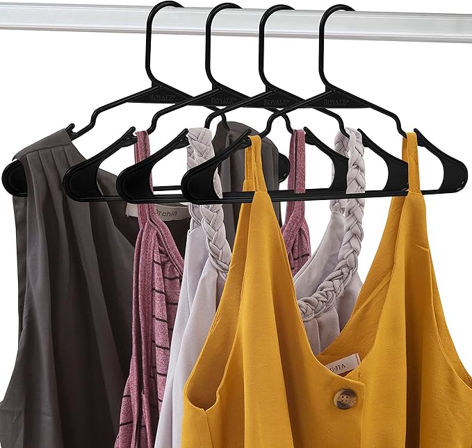 Royale Linens 20 Pack Black Plastic Hangers for Clothes - Heavy Duty Clothes Hanger for Everyday Use - Lightweight & Space Saving Notched Plastic Hangers