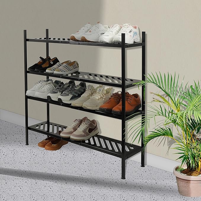 Shoe Rack, 4-Tier FreeStanding Shoe Shelf Stand, Stackable Shoe Storage Organizer for Closet, Holds up to 20-24 Pairs of Shoes for Entryway, Garage, Front Door Entrance, Metal, Black