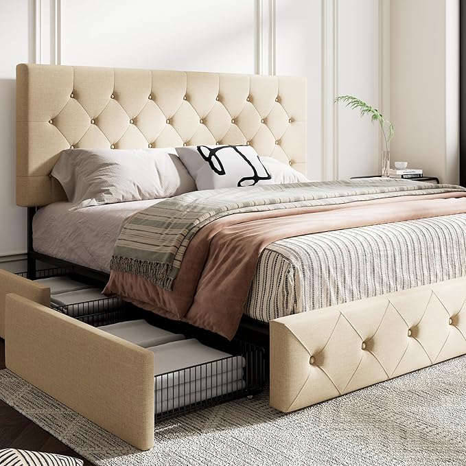 MUTICOR King Size Bed Frame with 4 Storage Drawers, Upholstered Platform Bed with Button Tufted Adjustable Headboard, No Box Spring Needed, Easy Assembly, Diamond Tufted, Beige Fabric