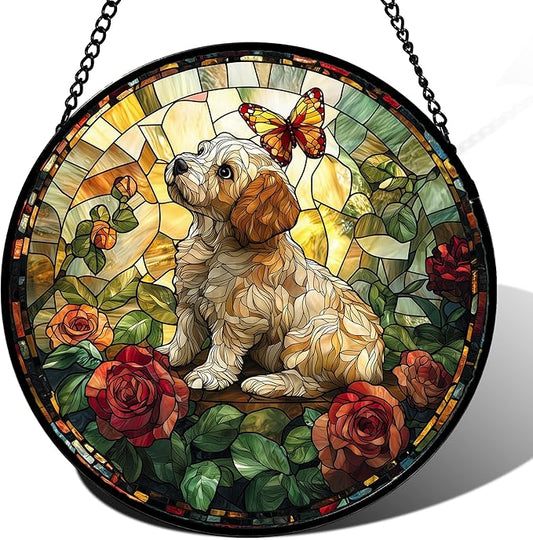 Stained Glass Window Hanging, Cute Dog and Flowers Suncatcher for Doors Home Butterfly Sun Catchers Decoration and Christmas, Mother's Day Birthday Gifts for Women, Men, and Mom 14.9x14.9 in