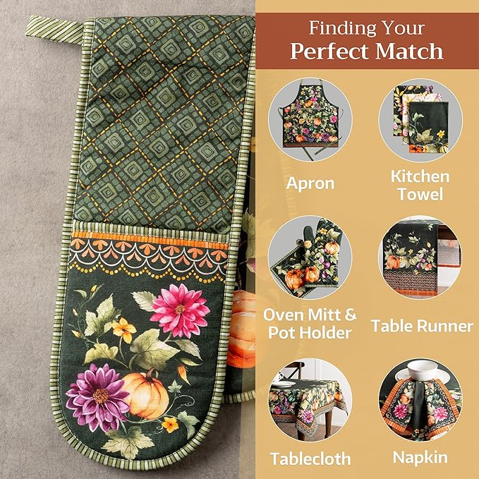 Maison d' Hermine Double Oven Mitt (7" x 35") 100% Cotton Heat Resistant BBQ Cooking Gloves with Loop for Thanksgiving Christmas Decorations Cooking Handling Hot Pan (Pumpkin Garden - Dark Green)