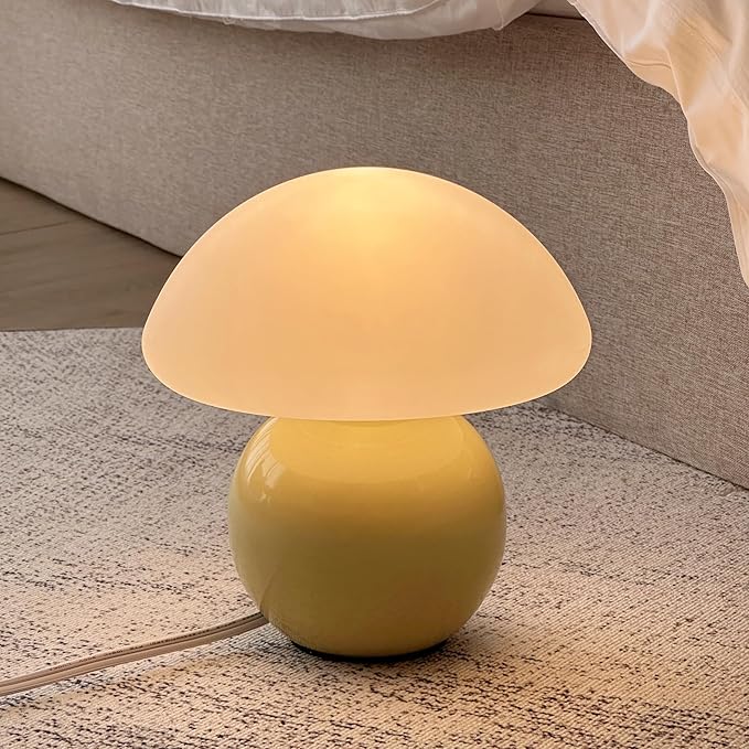Mushroom Lamp Ceramic Base,Green Cute 70s Mid Century Modern Decor Lamp for Bedroom,Small Abstract Table Bedside Glass Mood Coze Fun Warm Light