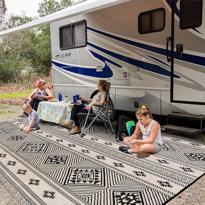 HiiARug Outdoor Rug for Patio Clearance,10'x14' Waterproof Mat,Beach Mat,Reversible Plastic Camping Rugs,Rv,Front Porch Decor,Deck,Camper,Balcony,Backyard,Boho Black