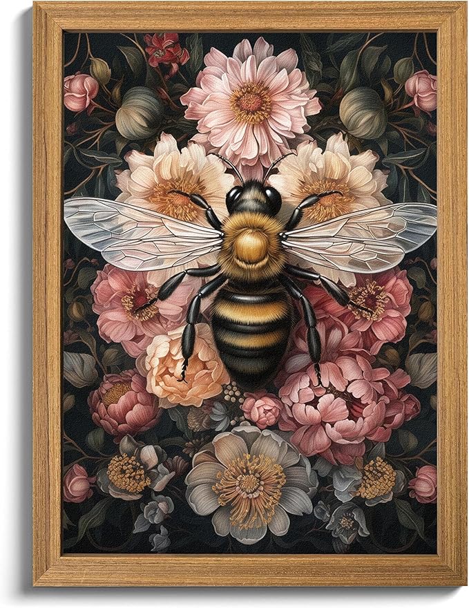 Framed Vintage 3D Textured Wall Art - Dark College Bee Flowers Wall Decor - Hand Drawn Sandstone Nature Botanical Pictures for Living Room Bedroom Home Decor 24x36in