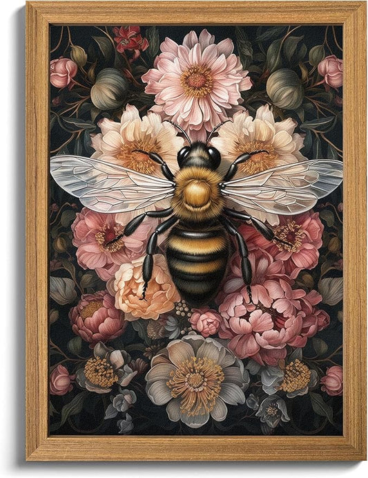 Framed Vintage 3D Textured Wall Art - Dark College Bee Flowers Wall Decor - Hand Drawn Sandstone Nature Botanical Pictures for Living Room Bedroom Home Decor 24x36in