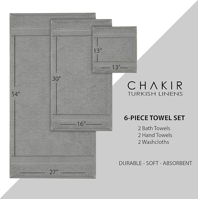 Chakir Turkish Linens Luxury Spa and Hotel Quality Premium Cotton 6-Piece Towel Set (2 x Bath Towels, 2 x Hand Towels, 2 x Washcloths)