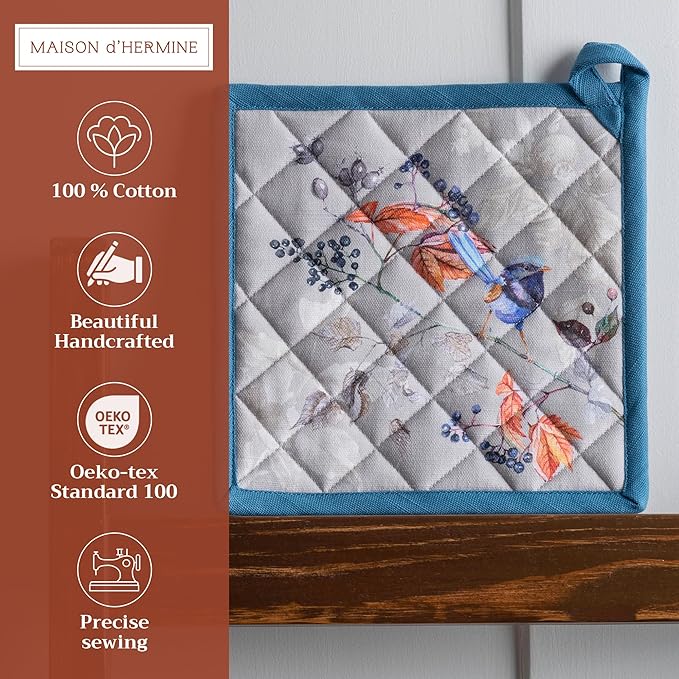 Maison d' Hermine Pot Holders Set 100% Cotton Heat Resistant Potholders 8" x 8" Hot Pads with Loop for Thanksgiving Christmas Decorations BBQ Baking Handling Hot Pans (Pack of 2, Equinoxe - Grey)