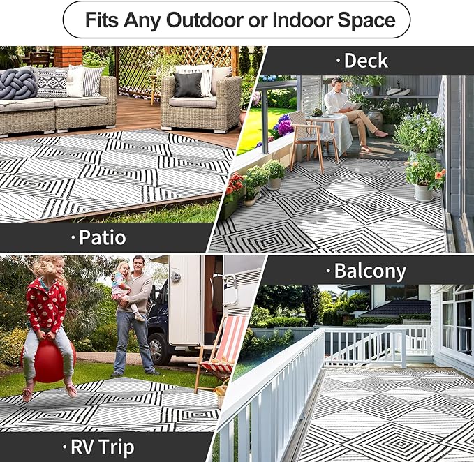 Waterproof Outdoor Rug 9x12ft, Foldable Reversible Plastic Straw Mat for Patio RV Deck Porch Backyard Balcony Camping Picnic Beach Indoor Outdoor Carpet, Black&White
