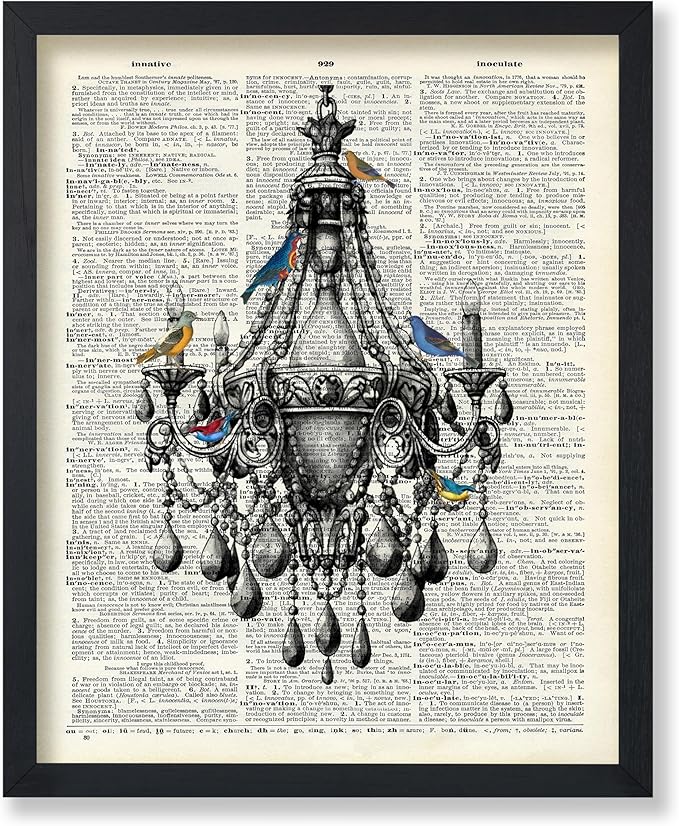 Poster Master Dictionary Art Poster - Antique Chandelier Print - Bird Art - Baroque Art - Gift for Men & Women - Chic Decor for Living Room, Dining Room, Bedroom or Kitchen - 8x10 UNFRAMED Wall Art