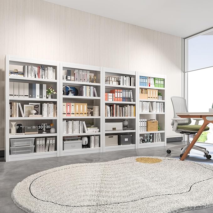 Metal Bookshelf, 5-Tier Bookcase with Adjustable Storage Shelves, White Book Shelf with Book Stopper, Modern Bookshelf for Living Room, Library, Home, Office