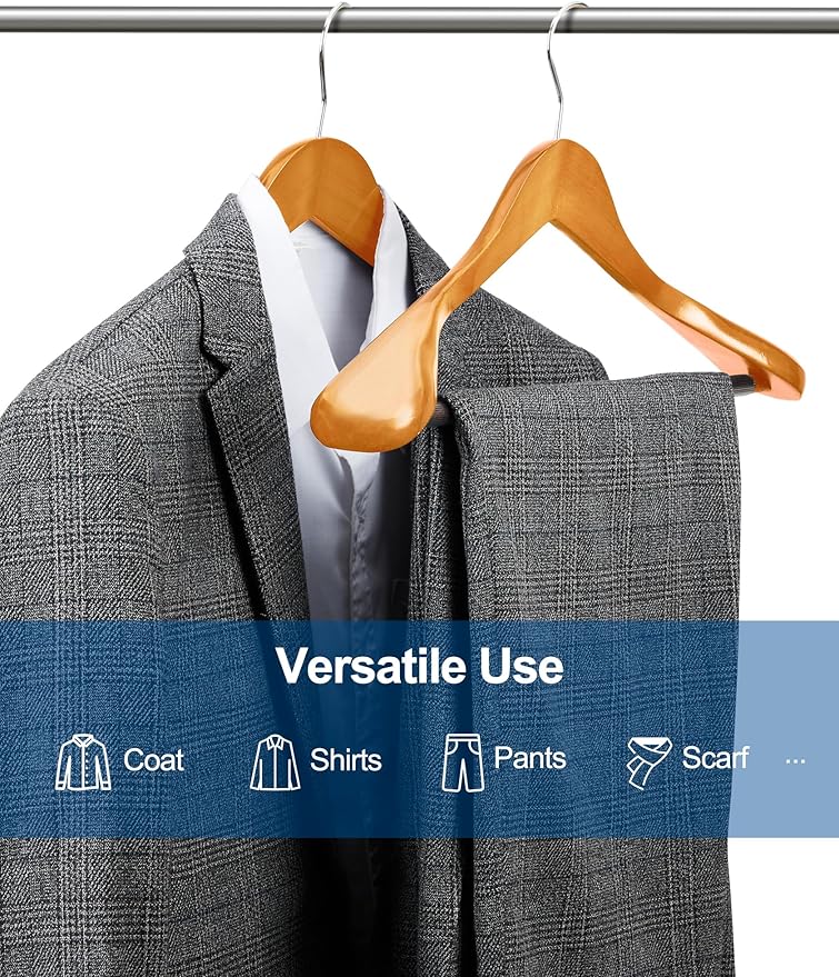HOUSE DAY Wide Shoulder Wooden Hangers, Suit Hangers with Non Slip Pants Bar, Smooth Finish 360° Swivel Hook High-Grade Solid Wood Coat Hangers for Dress, Jacket, Heavy Clothes Hanger 6 Pack (Natural)