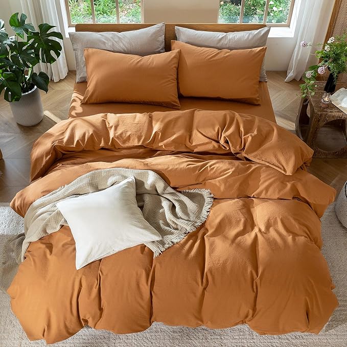 MooMee Bedding Duvet Cover Set 100% Washed Cotton Linen Like Textured Breathable Durable Soft Comfy (Solid Burnt Orange, Super King 108"x98")
