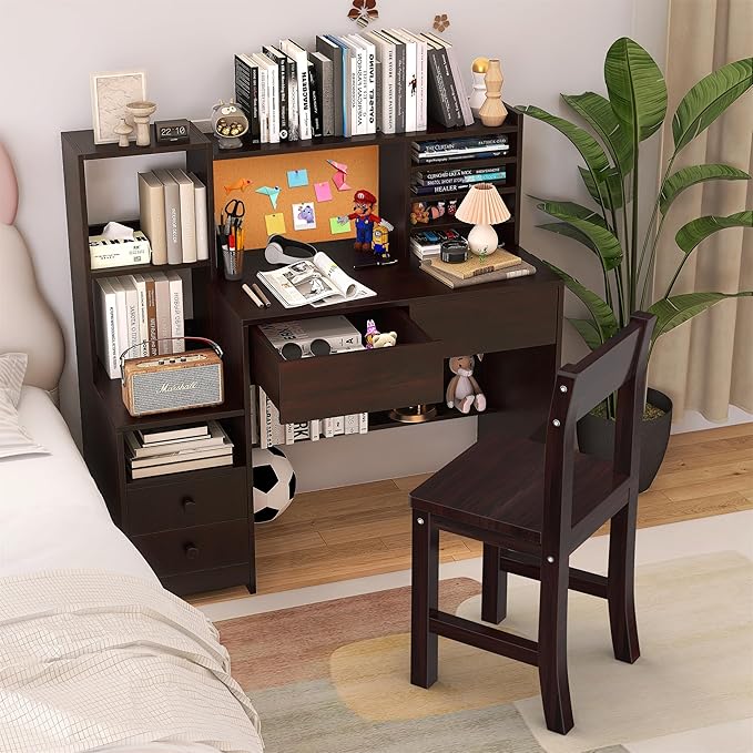 Espresso Kids Desk and Chair Set for 5-12 Year Old, Childrens Computer Desk with 4 Drawers, Kids Study Table with Storage Shelf-fW40